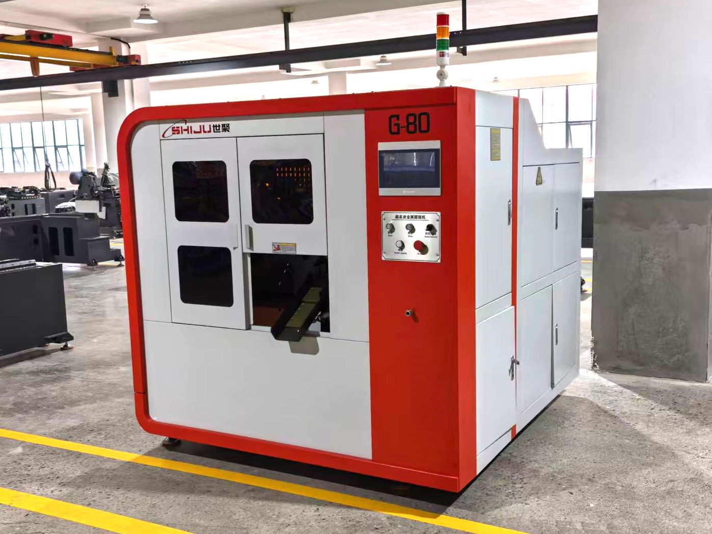 SHIJU G-80 automatic circular saw photographed inside the factory